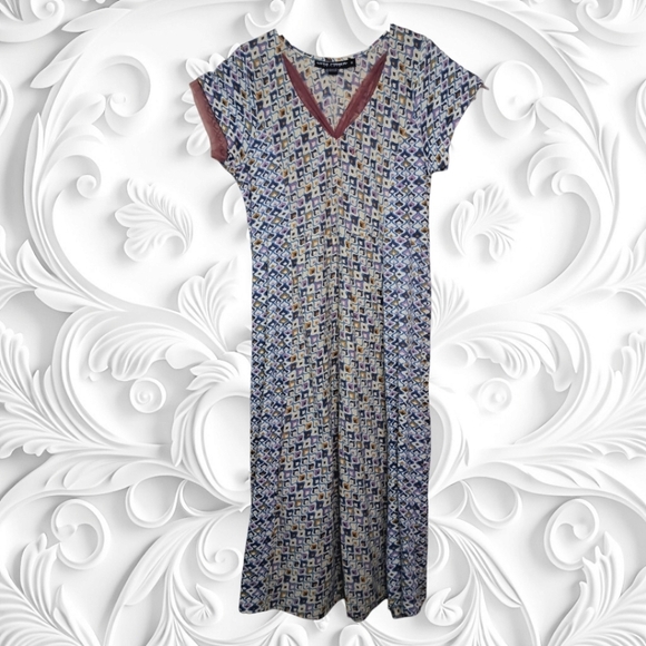 Little Journeys Chicago White Midi Dress With Purple Green Geometric Designs - Picture 5 of 5